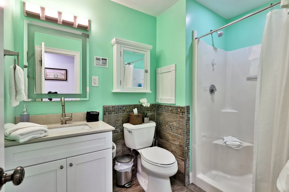 This bathroom features a stylish vanity with a mirror, an inviting shower area, and decorative flowers, all bathed in soft, natural light. The ambiance is relaxing and rejuvenating, perfect for morning routines or winding down at night.